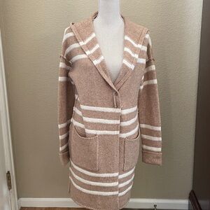 Tahari Tan and White Striped Hooded Cardigan